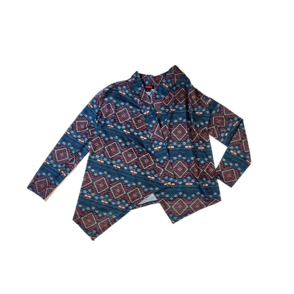 Rock and Roll Cardigan Women’s Large Open Blue Red Southwestern Aztec Western